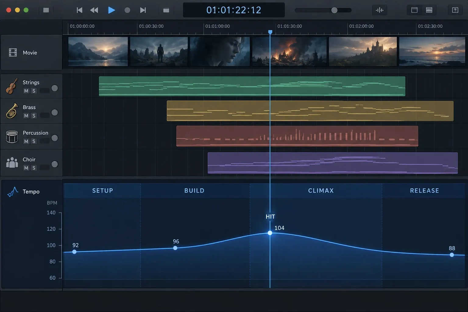 Logic Pro Tempo Track shaping a cue toward selected picture hit points