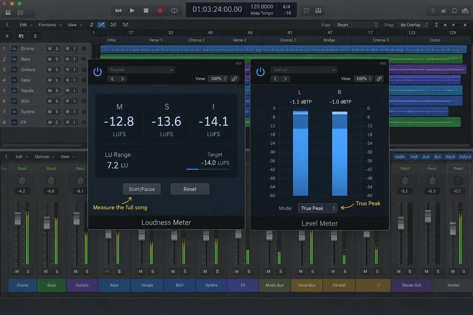 Logic Pro showing Loudness Meter with momentary, short-term and integrated readings beside Level Meter in True Peak mode