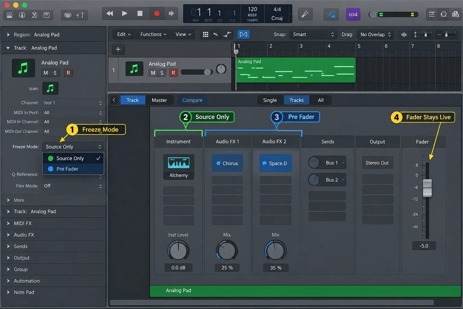 Logic Pro comparing Source Only and Pre Fader Freeze Mode boundaries