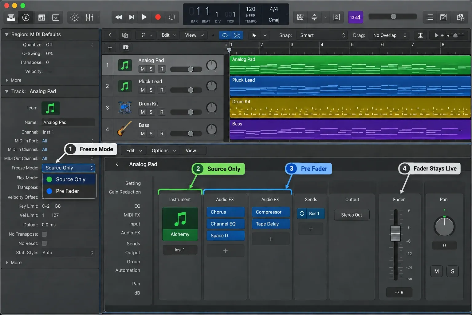 Logic Pro comparing Source Only and Pre Fader Freeze Mode boundaries