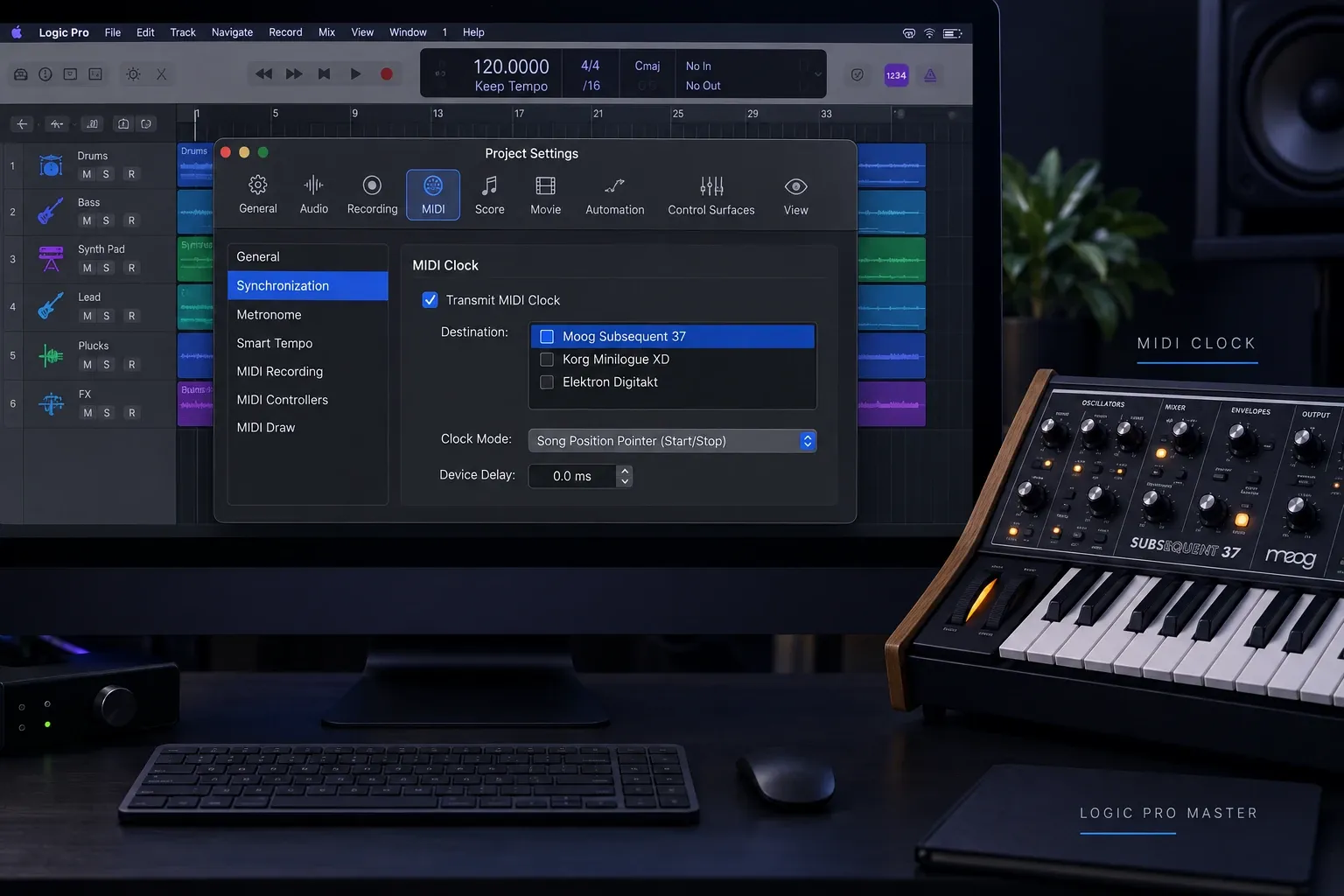 Logic Pro MIDI Clock synchronization settings for an external synthesizer