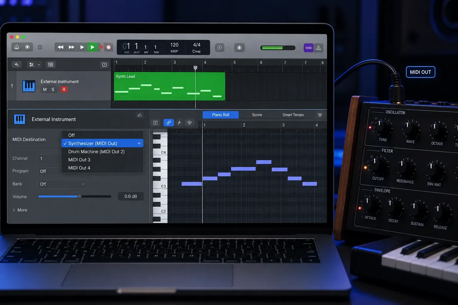 Logic Pro external MIDI instrument sending notes to a hardware synthesizer