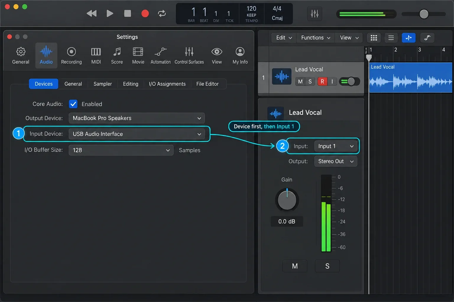 Logic Pro Audio Devices and an audio track showing USB Audio Interface and Input 1 selected
