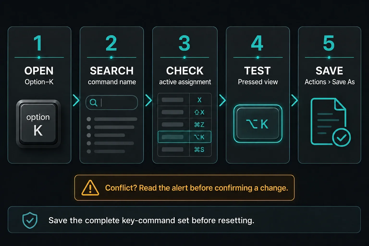 Five-step workflow for verifying and saving Logic Pro key commands