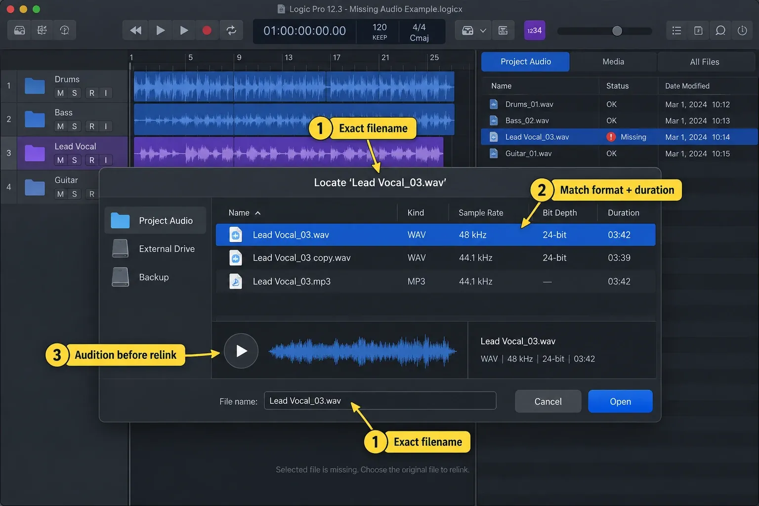 Logic Pro and macOS file picker showing how to verify the original missing audio file