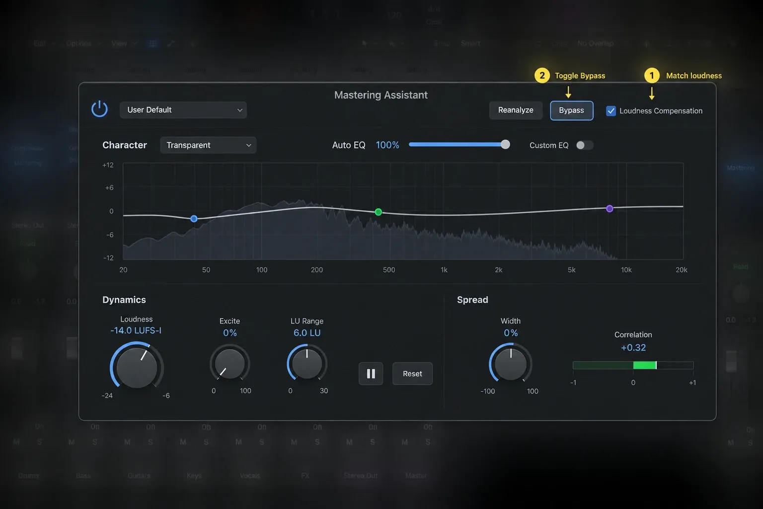 Logic Pro Mastering Assistant in Transparent character with Auto EQ, Loudness, Excite, Width, Correlation, Loudness Compensation and Bypass controls