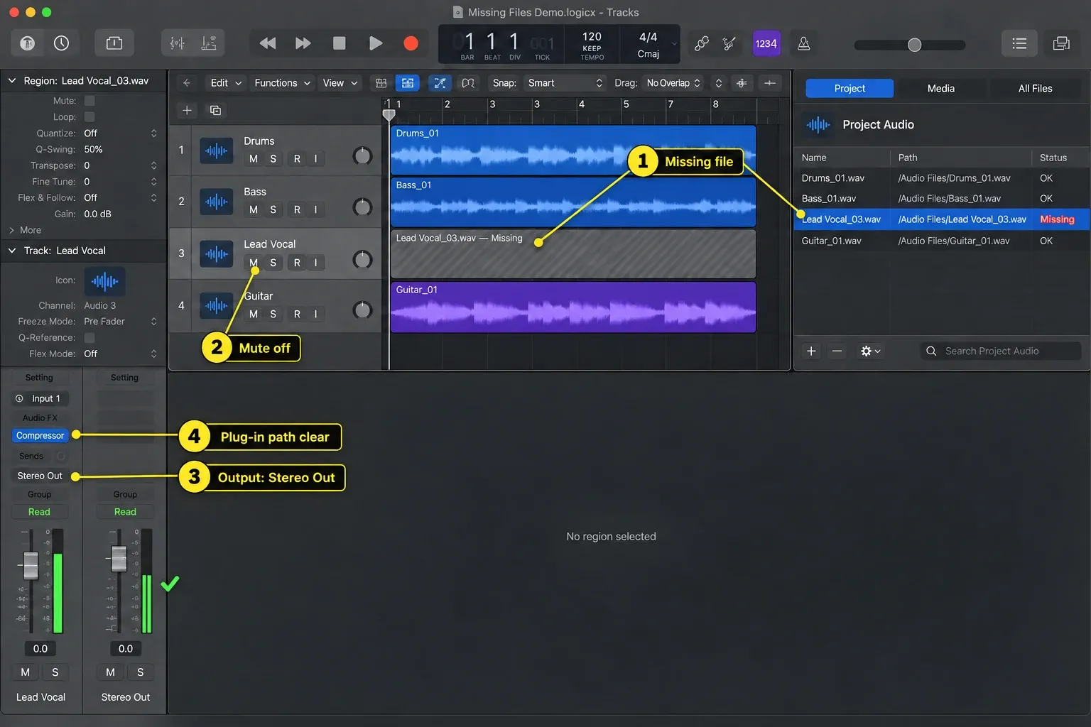 Logic Pro showing a missing audio region, Project Audio status, track output and plug-in path checks