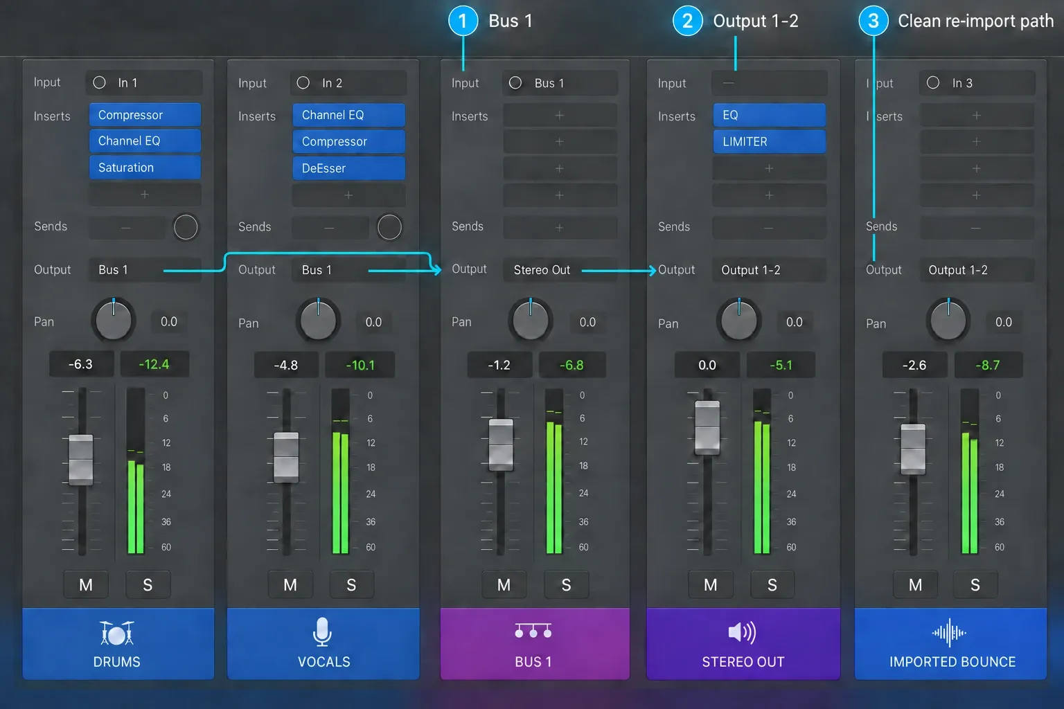 Logic Pro mixer showing tracks routed to Bus 1, Bus 1 routed to Stereo Out, and a clean re-imported bounce on Output 1–2