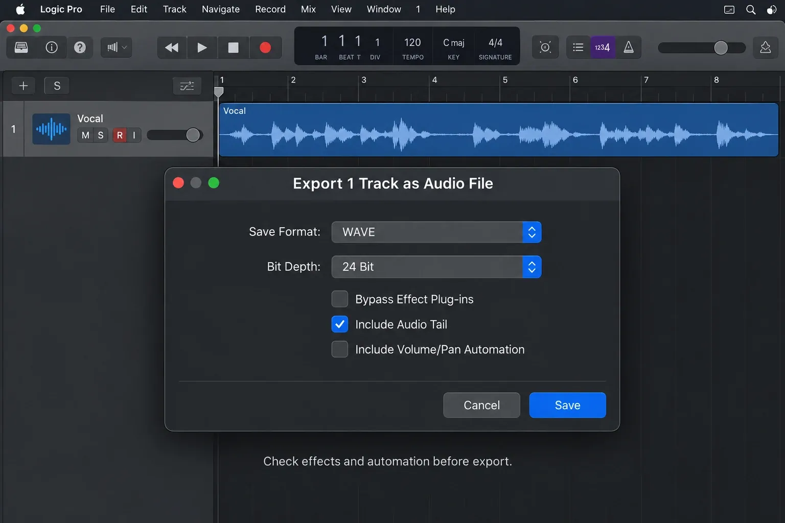Logic Pro Track Export settings for vocal files: format, effects, audio tail and volume/pan automation