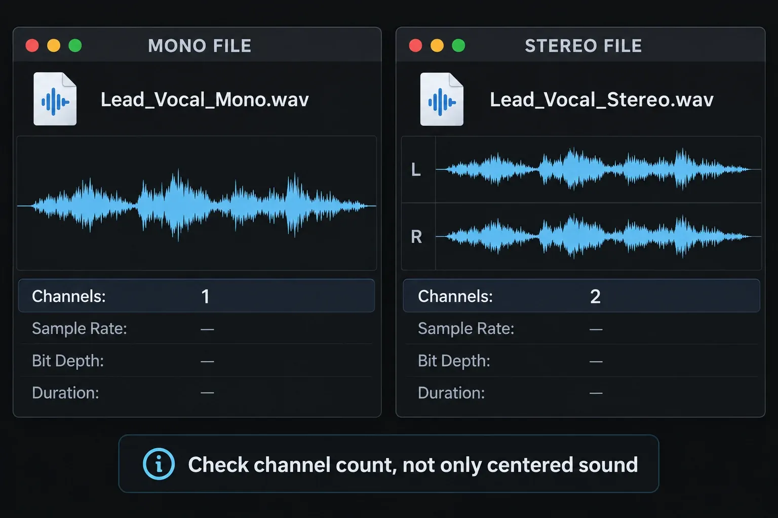 Audio file inspection comparing a mono vocal with one channel and a stereo vocal with two channels