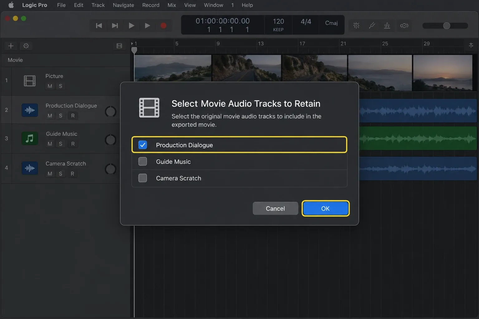 Logic Pro showing the prompt for selecting original movie audio tracks to retain