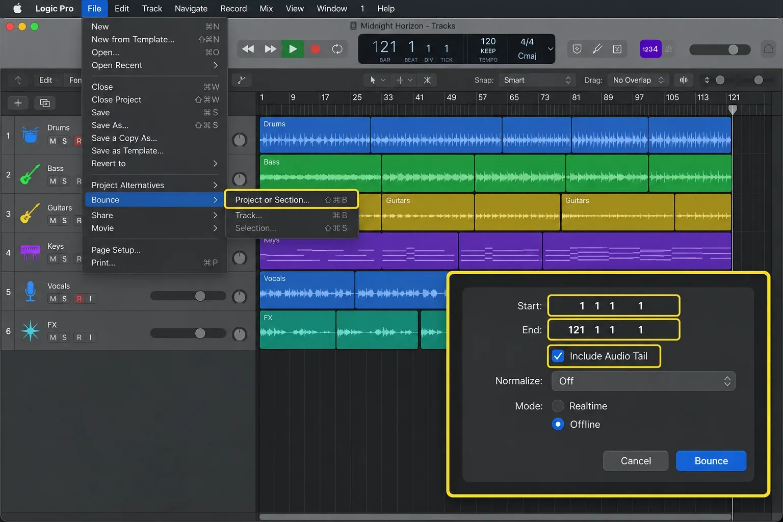Logic Pro showing File > Bounce > Project or Section with the full-song range, Include Audio Tail, Offline mode and Normalize Off