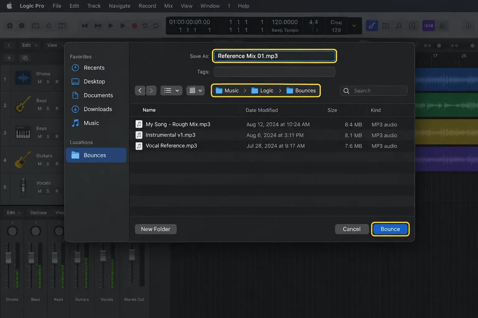Logic Pro showing Reference Mix 01.mp3 saved to the Music > Logic > Bounces folder