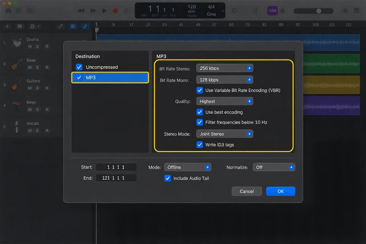 Logic Pro 12.3 showing Uncompressed and MP3 destinations with 256 kbps stereo VBR and Highest quality