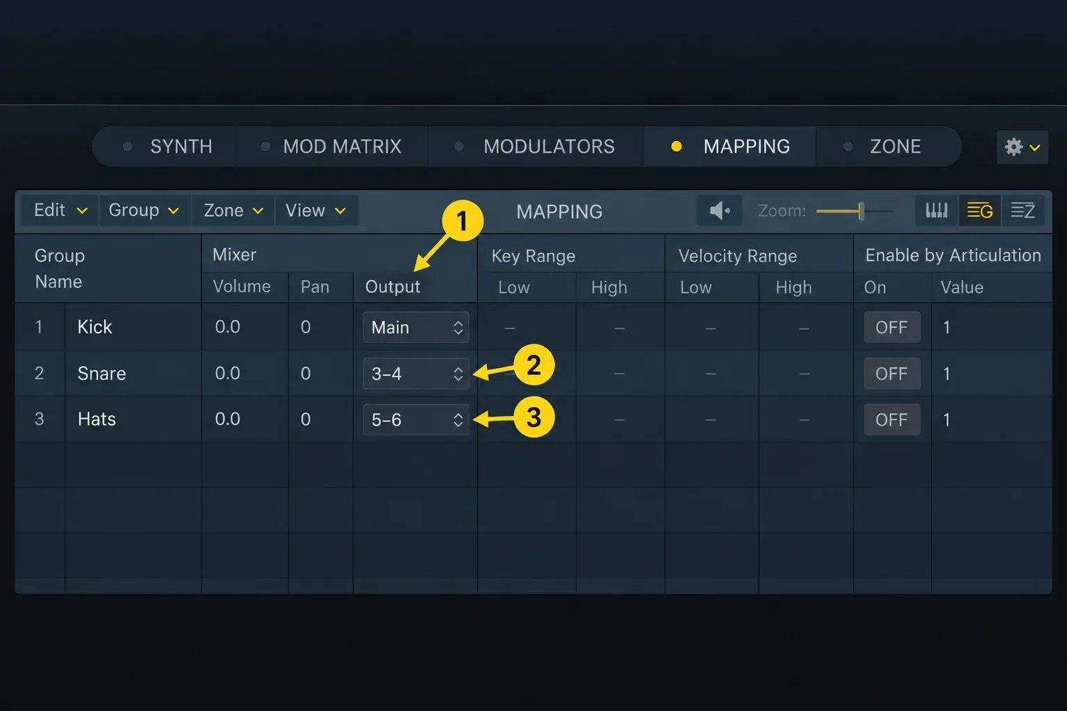 Logic Pro Sampler Group view Output column assigning Kick to Main, Snare to 3-4 and Hats to 5-6