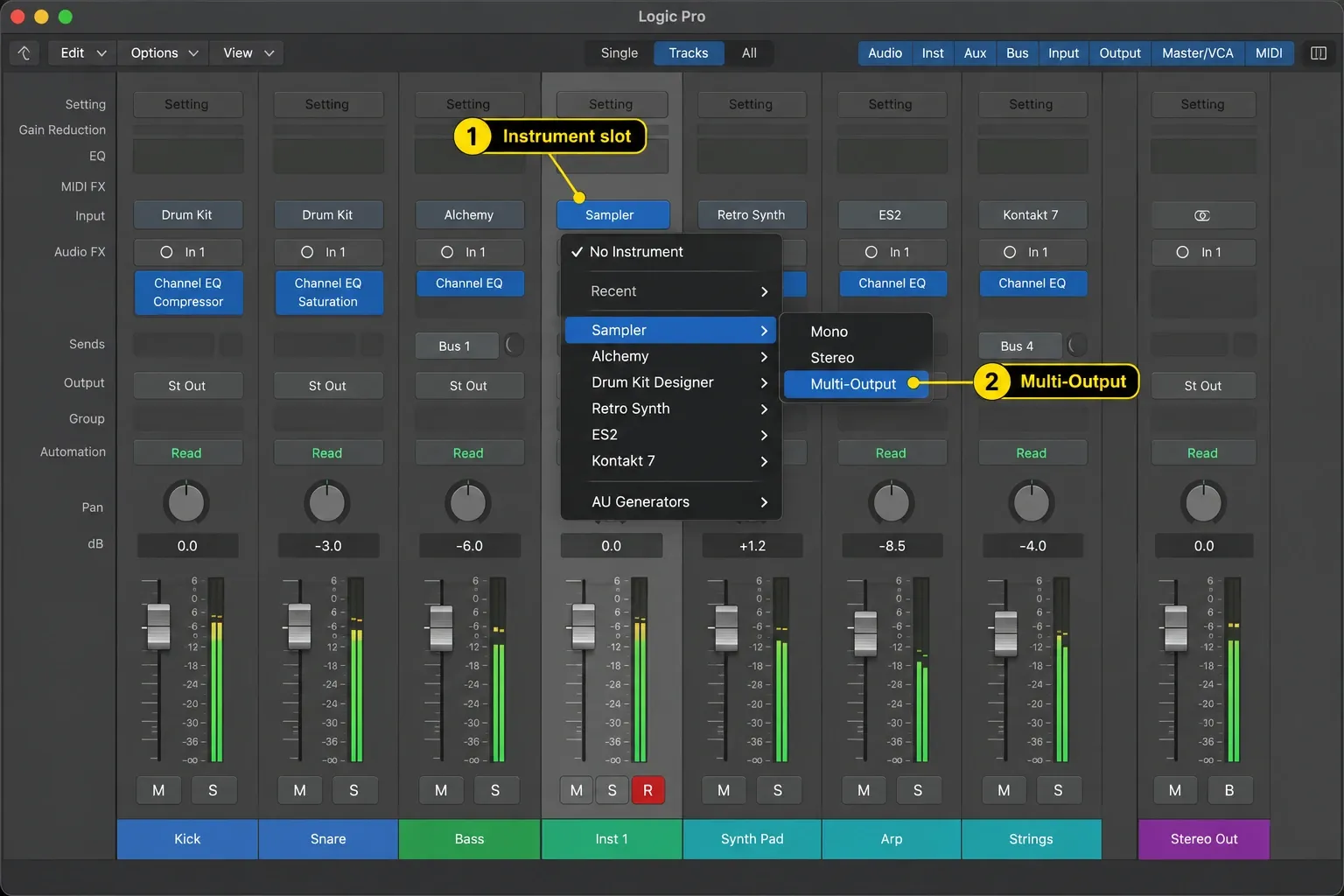 Logic Pro Mixer with Sampler selected as a Multi-Output instrument