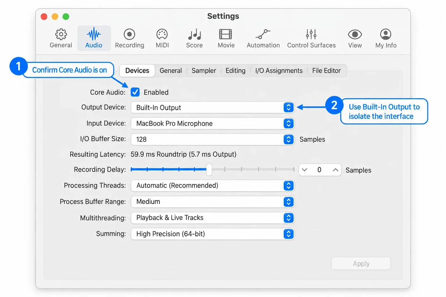 Logic Pro Audio Devices showing Core Audio enabled and Built-In Output selected
