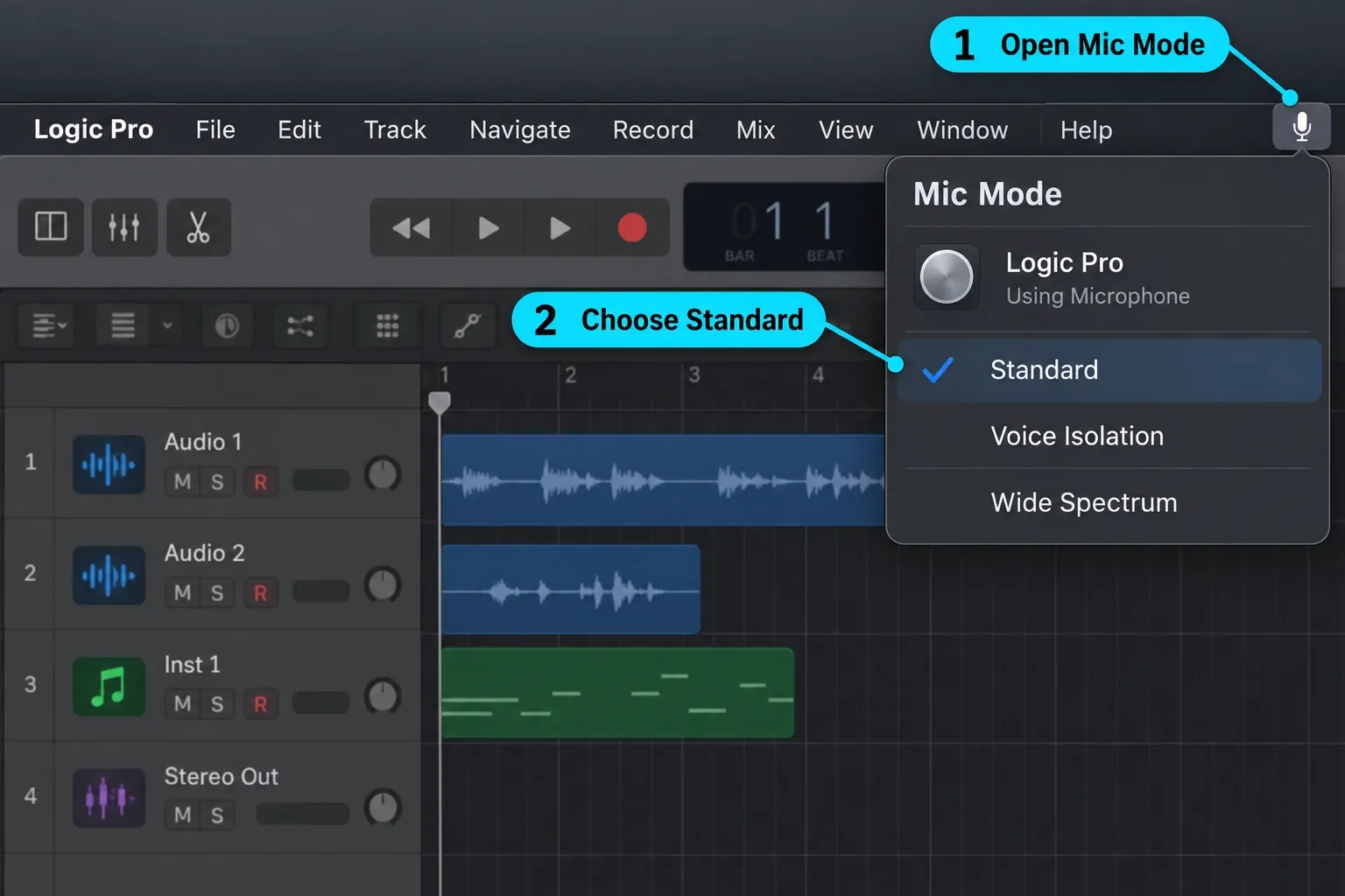 MacOS Mic Mode showing Standard selected for Logic Pro