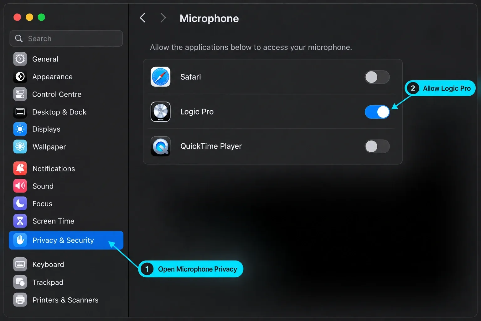 MacOS Microphone privacy showing Logic Pro access enabled
