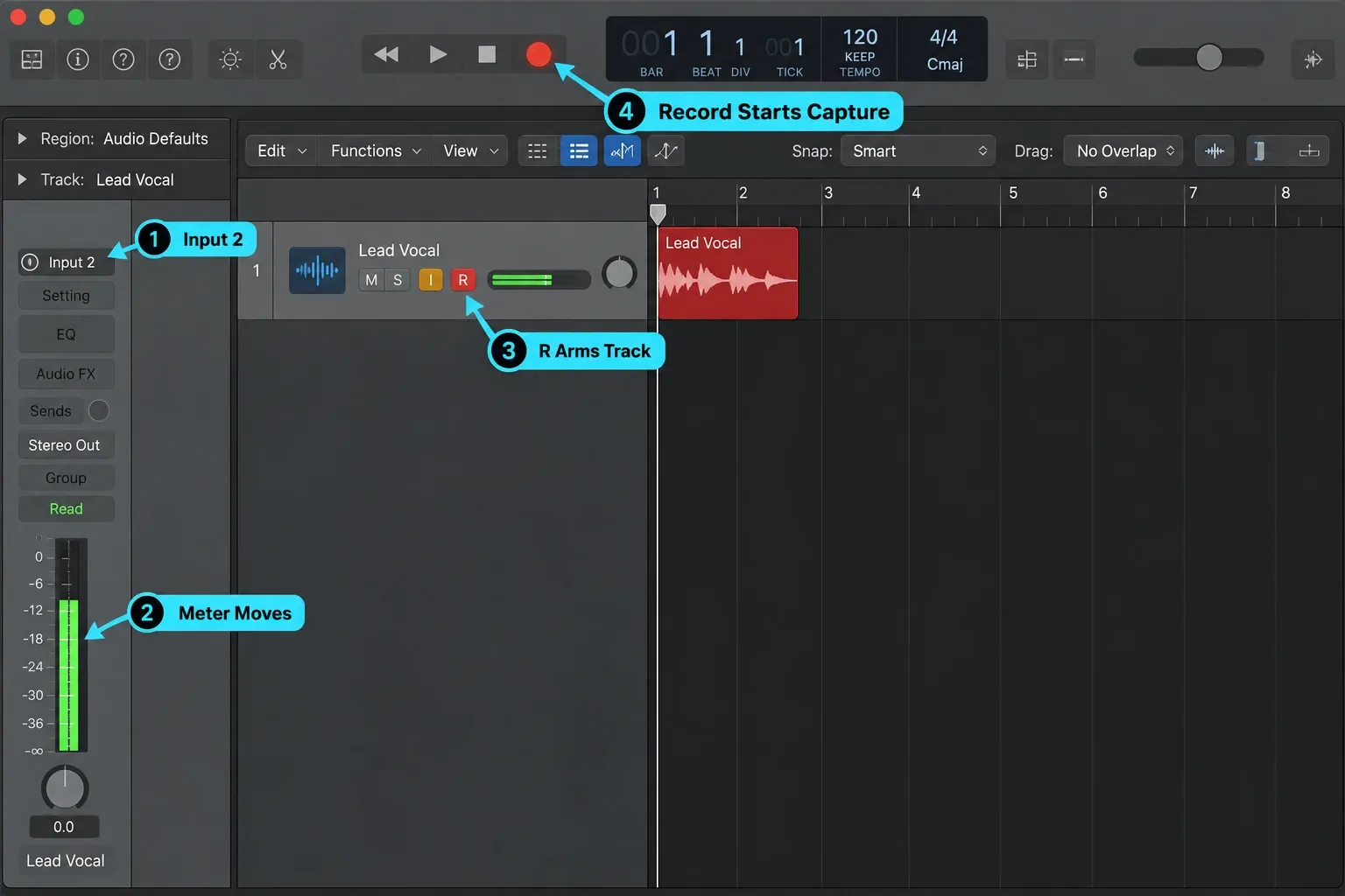 Logic Pro recording path showing Input 2, active meter, track R button and transport Record