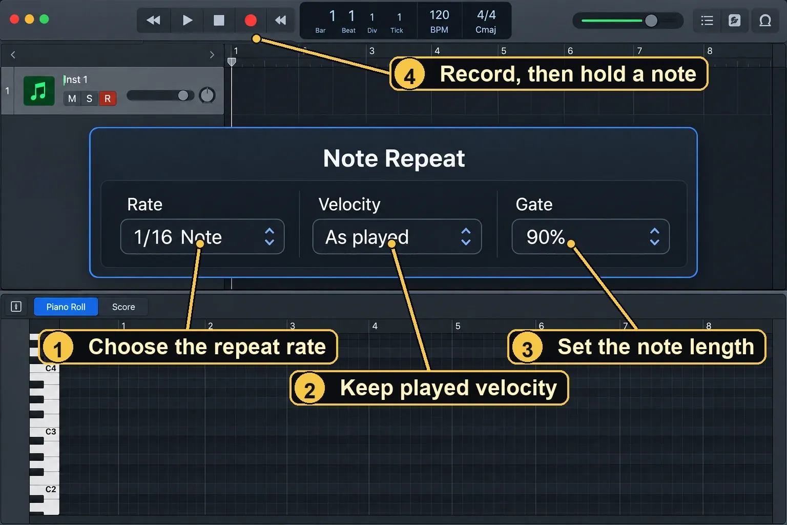 Logic Pro Note Repeat panel set to 1/16 Note, As played velocity and 90 percent Gate