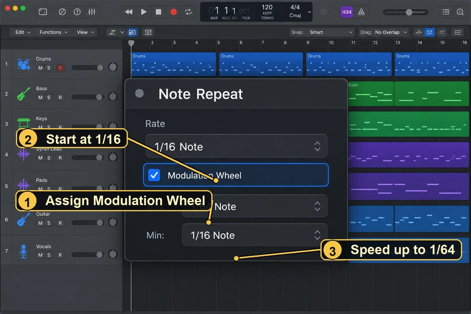 Logic Pro Note Repeat controller assignment with Modulation Wheel mapped from 1/16 to 1/64 Note