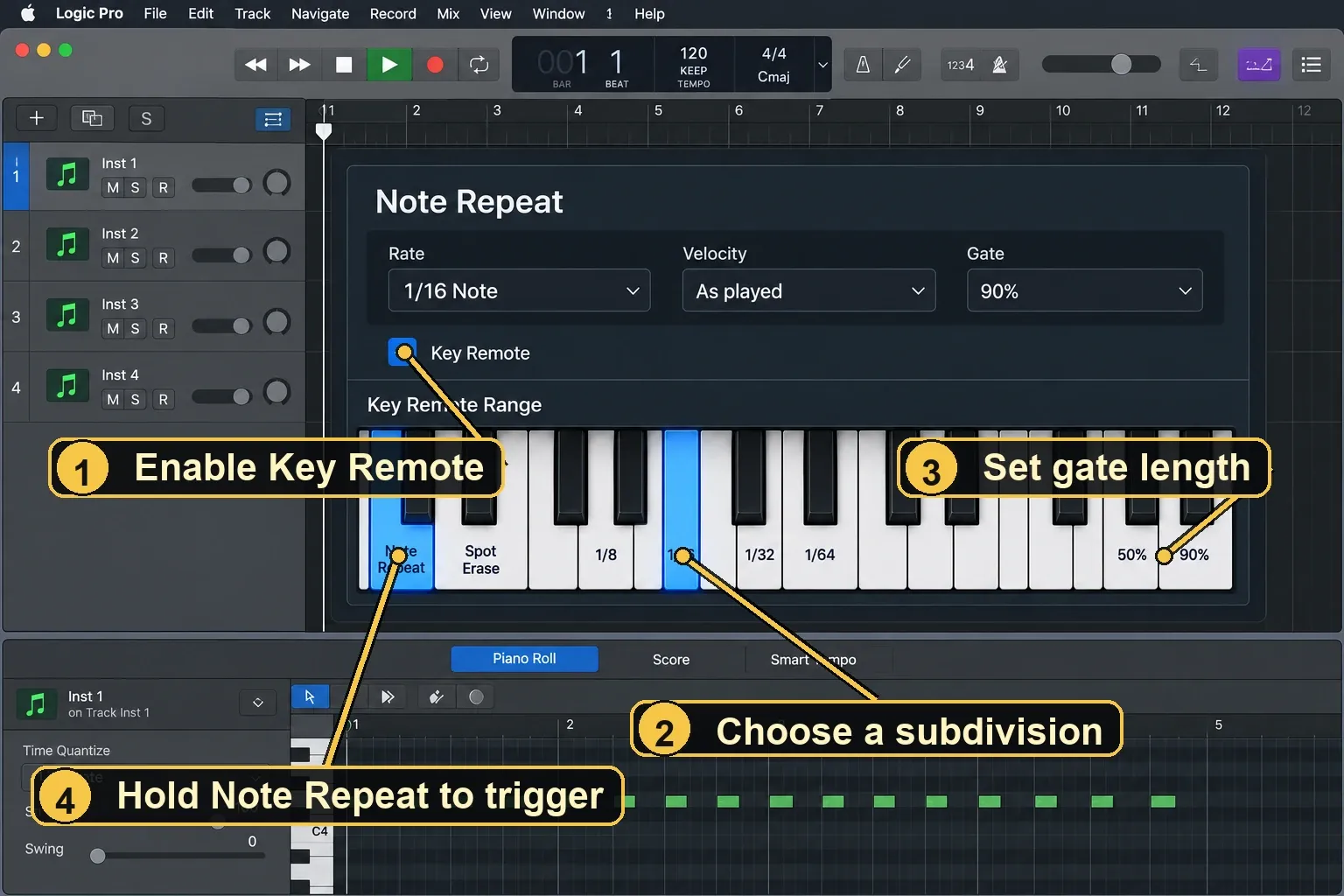 Logic Pro Note Repeat Key Remote keyboard with dedicated keys for note divisions and gate values