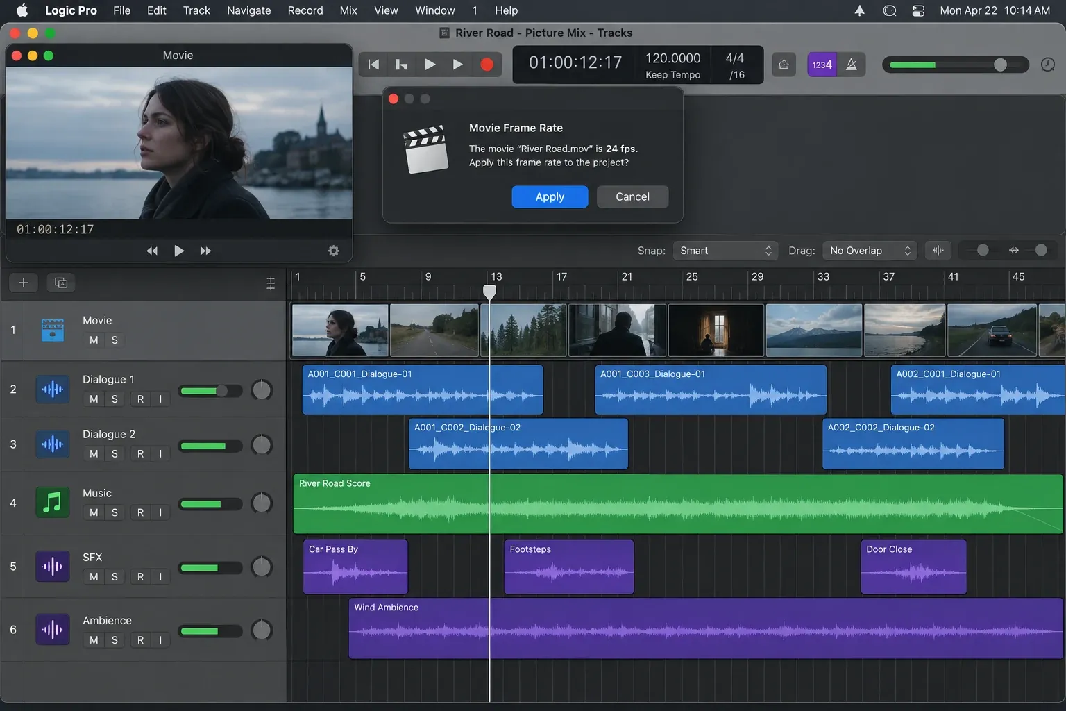 Logic Pro showing an open movie window and the Movie track aligned above the audio arrangement