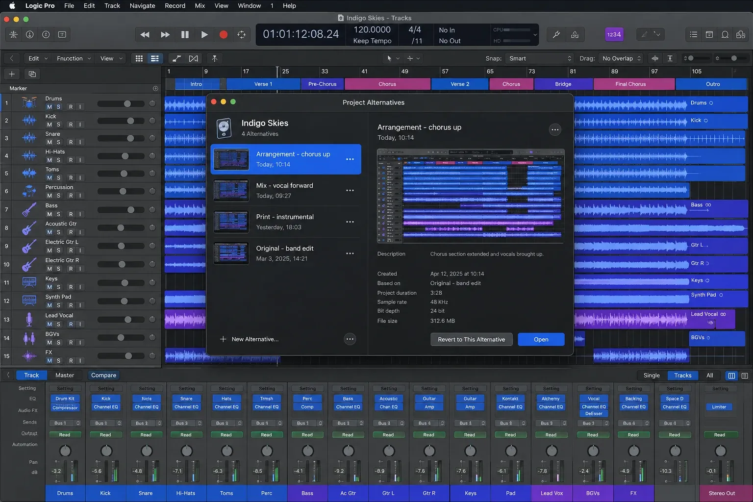 Logic Pro Project Alternatives browser with named arrangement and mix versions