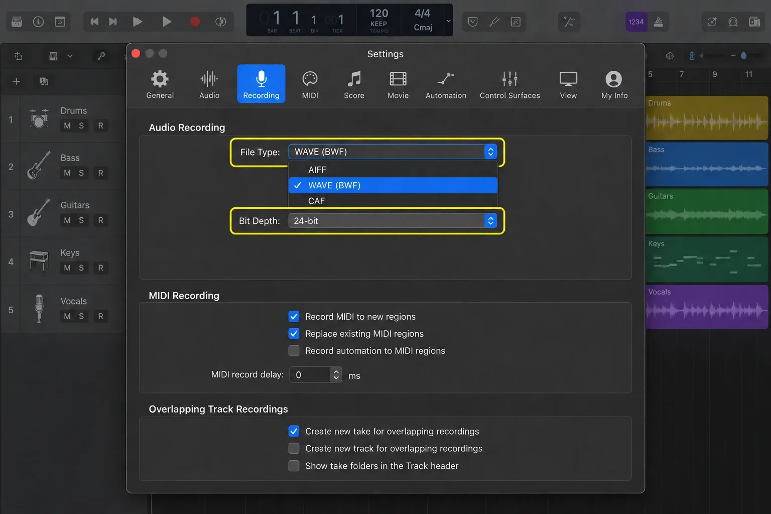 Logic Pro showing Recording settings with WAVE BWF selected, AIFF and CAF available, and 24-bit depth