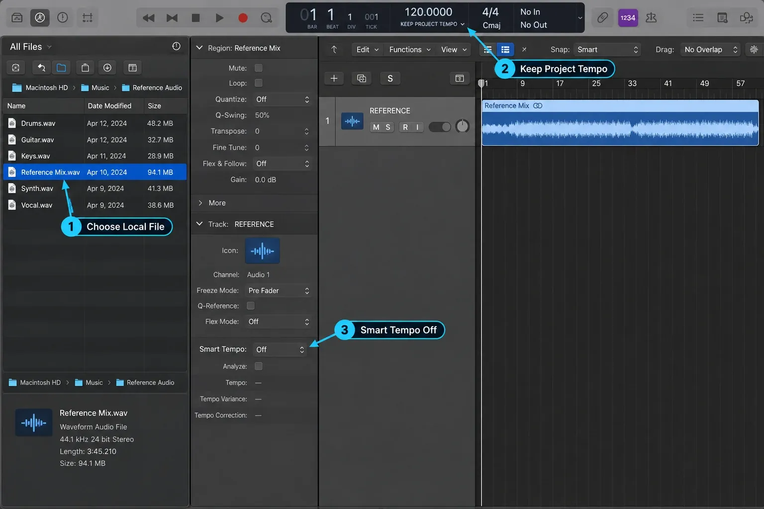 Logic Pro showing a local reference file imported to a separate REFERENCE track with Keep Project Tempo and Smart Tempo Off