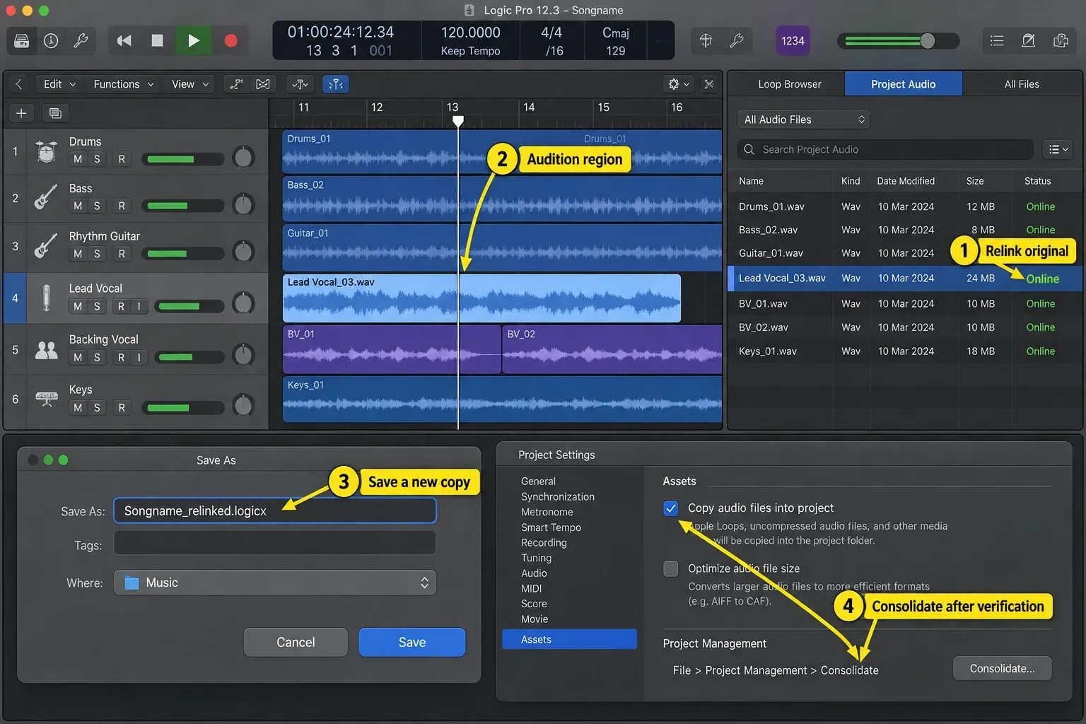 Logic Pro showing a relinked audio file, audition, Save As and project asset consolidation