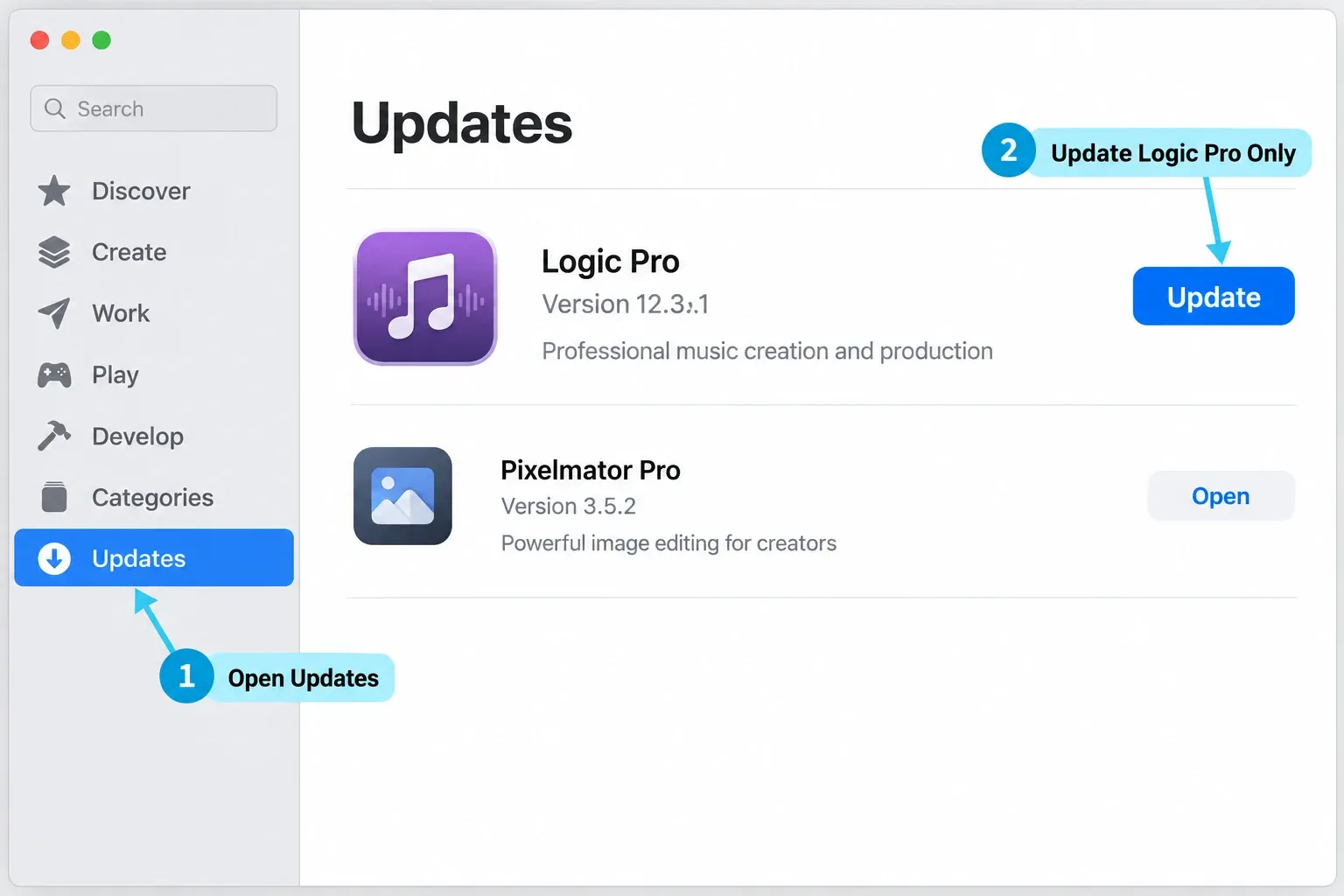 Mac App Store Updates showing the Update button beside Logic Pro