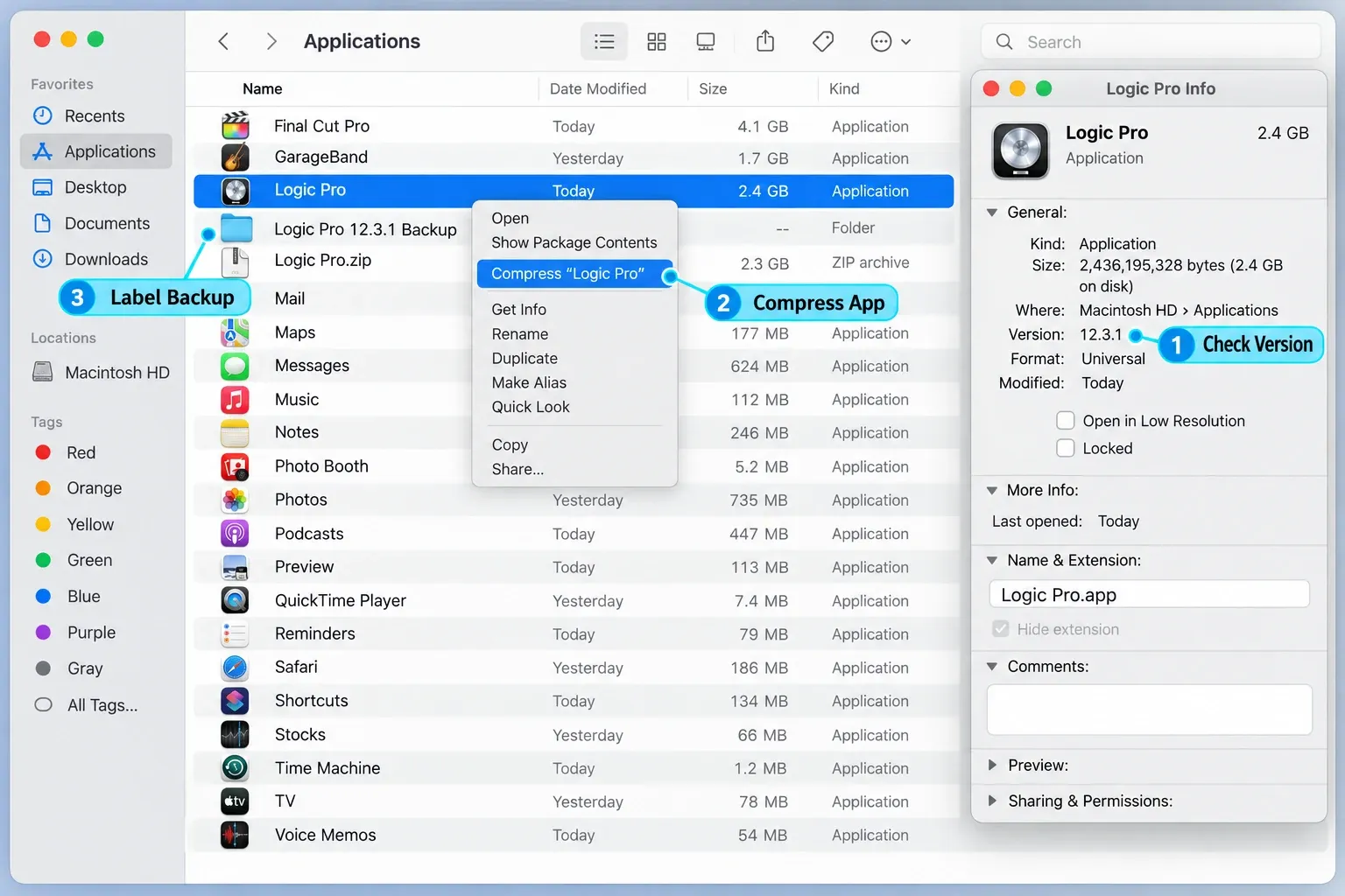 Finder showing a version-labelled Logic Pro backup workflow before updating