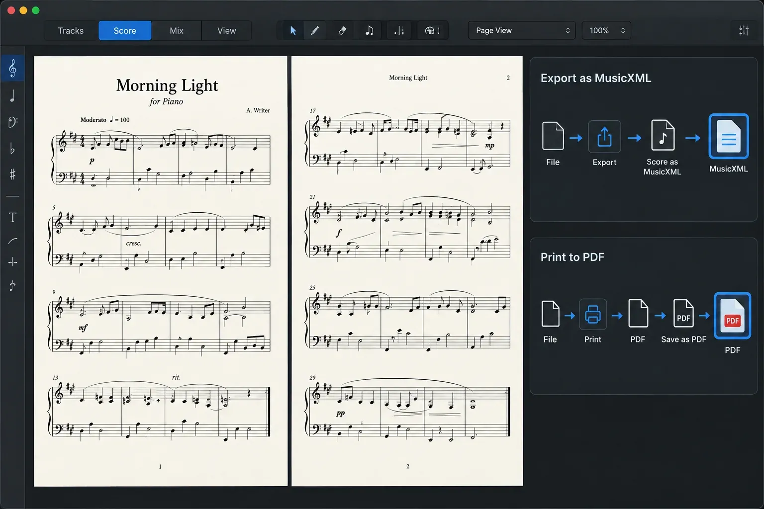 Logic Pro Page view prepared for PDF printing and MusicXML export