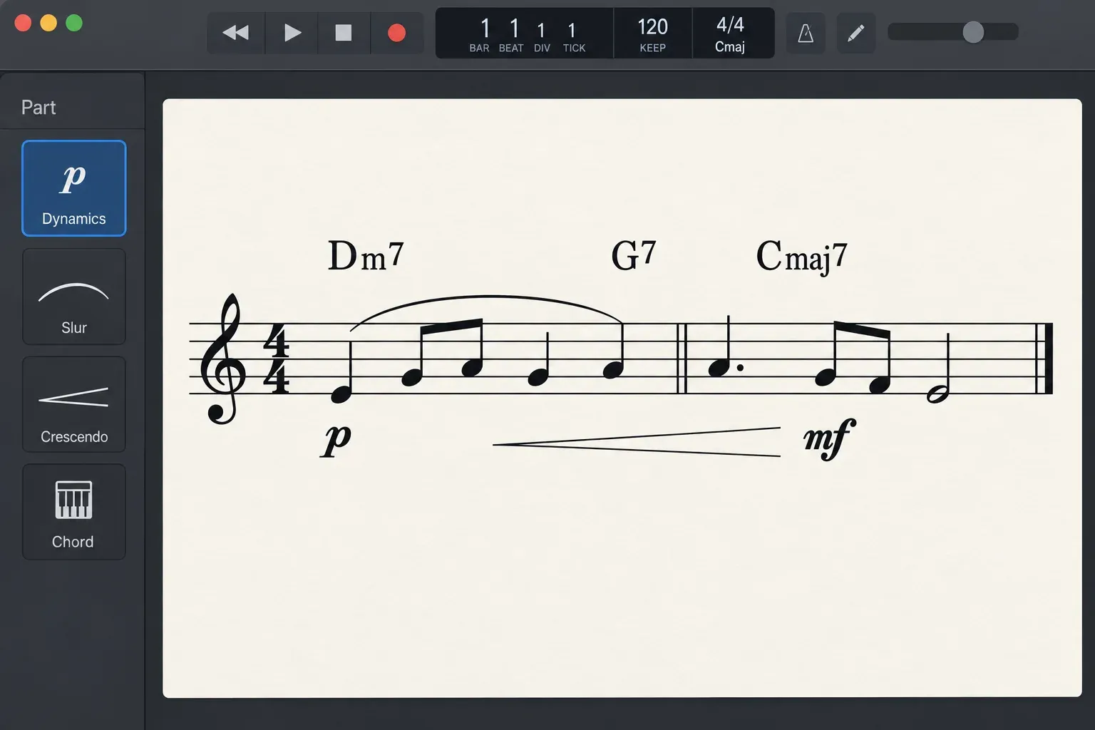 Logic Pro score phrase with dynamics, slur, crescendo and chord symbols from the Part box