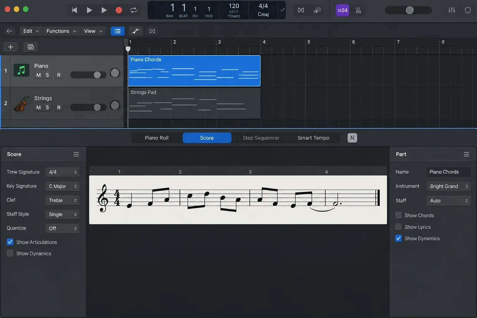 Logic Pro Score Editor open below a selected MIDI region in the Tracks area