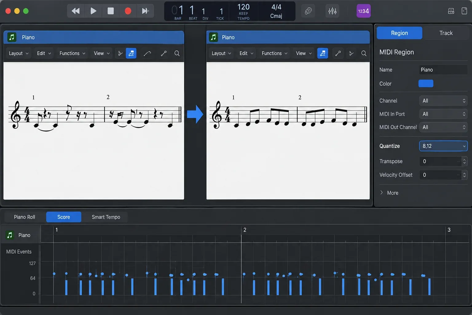 Logic Pro Score Region Quantize changing cluttered performed MIDI into readable notation