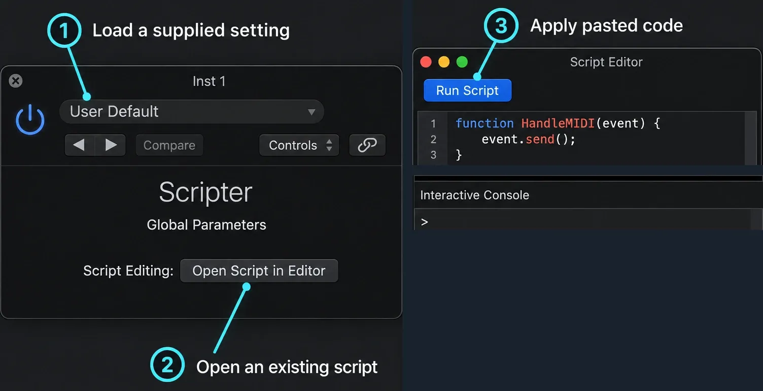 Scripter setting menu, Open Script in Editor button and Run Script in Logic Pro