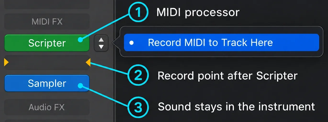 Record MIDI to Track Here marker with two yellow triangles below Scripter and above Sampler