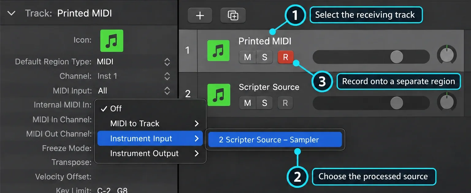 Printed MIDI receiving track selecting Scripter Source through Internal MIDI In and Instrument Input