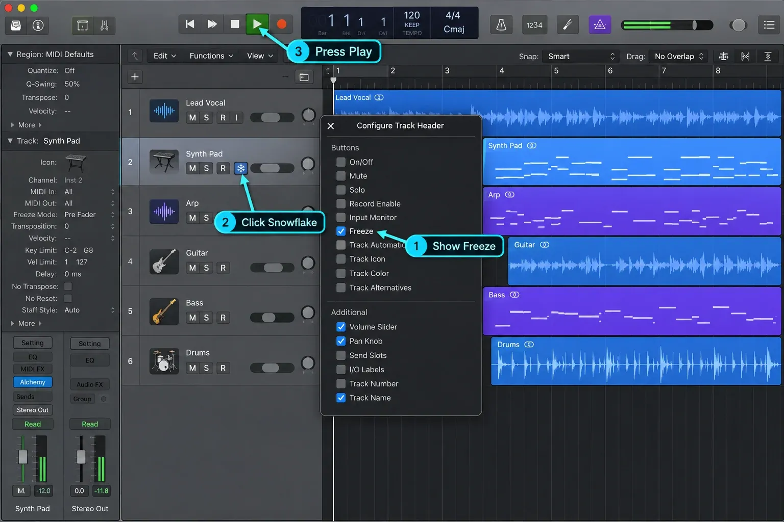 Logic Pro showing Configure Track Header, the Freeze snowflake and Play button