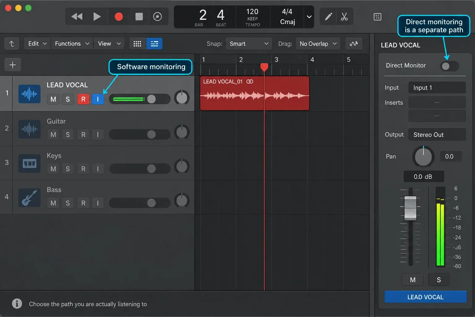 Logic Pro software monitoring and a separate direct-monitoring path