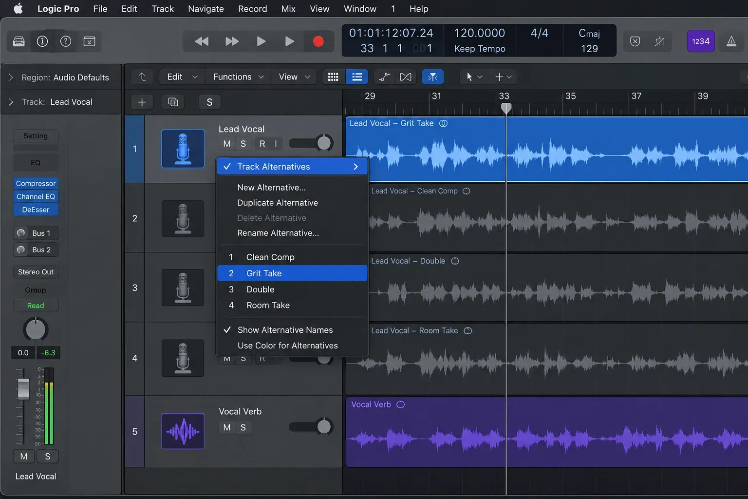 Logic Pro Track Alternatives menu showing named vocal takes on one track