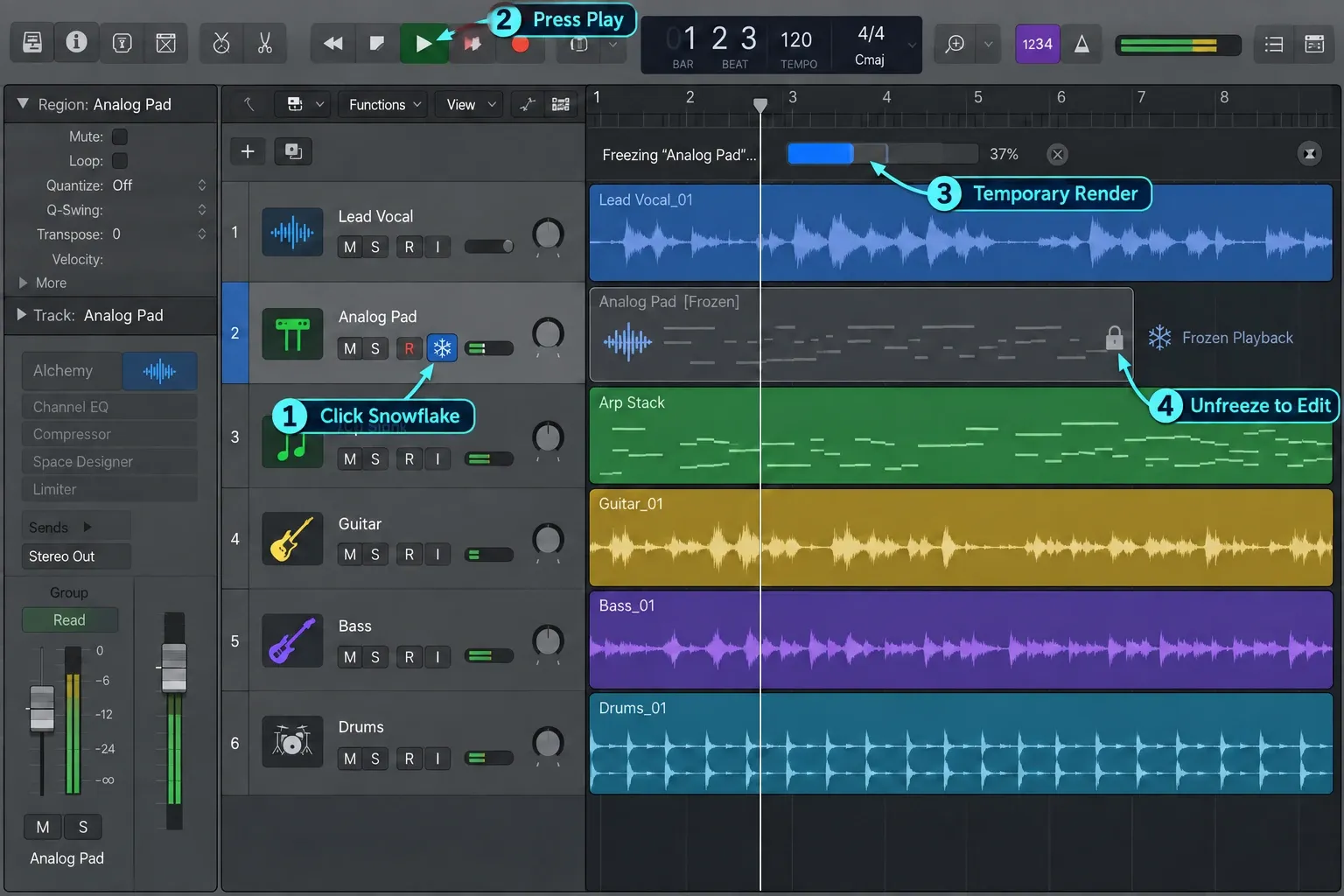 Logic Pro showing a temporary Freeze render and unfreeze workflow
