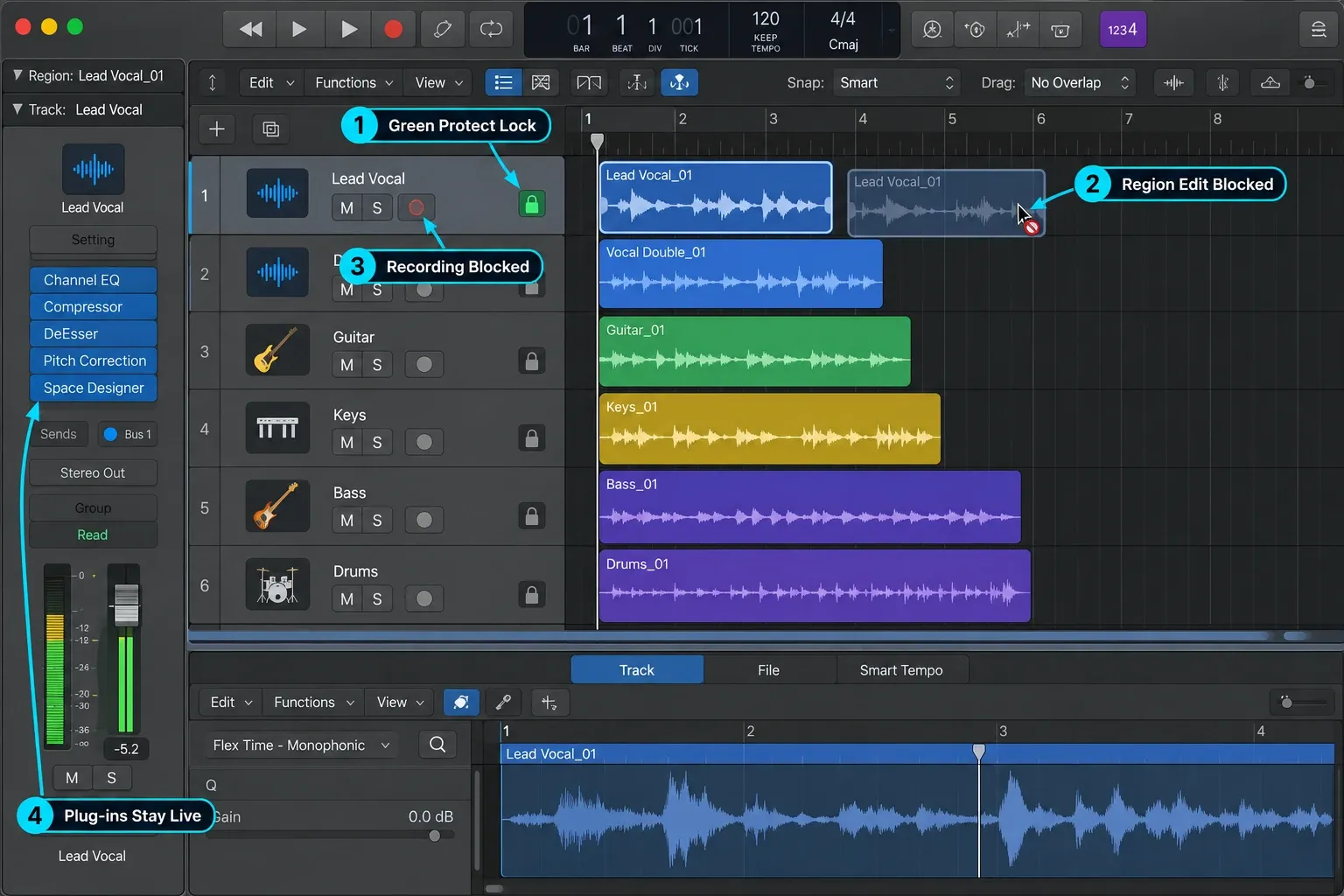 Logic Pro showing Track Protect blocking recording and region edits