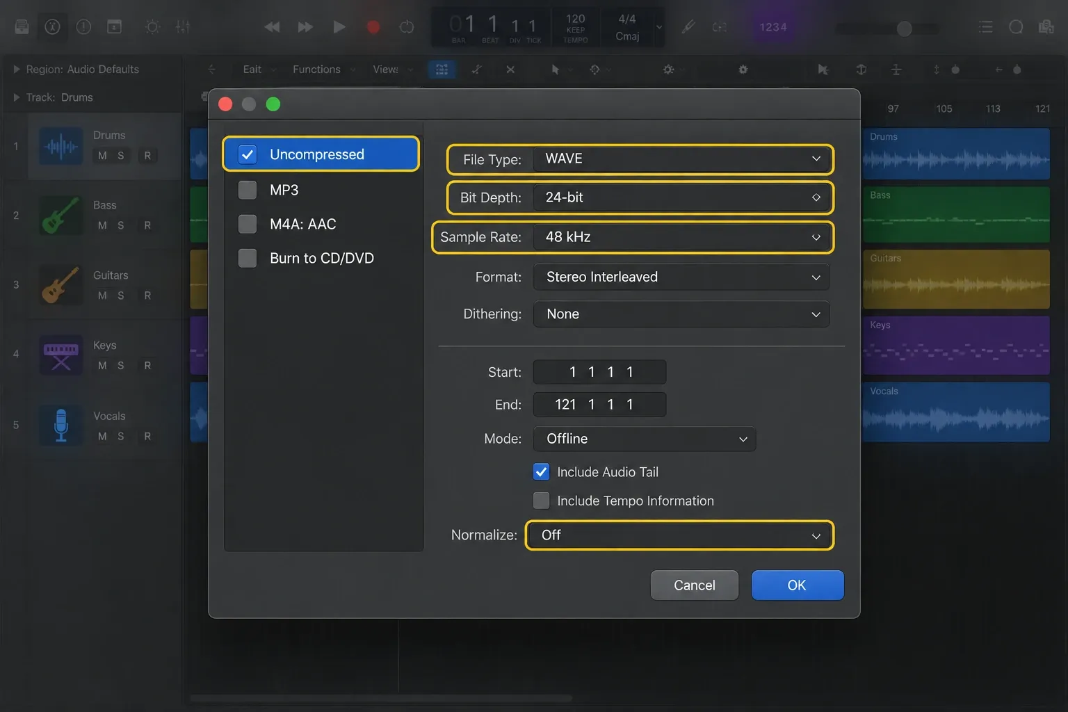 Logic Pro showing an uncompressed WAV bounce at 24-bit 48 kHz with Offline mode and Normalize Off