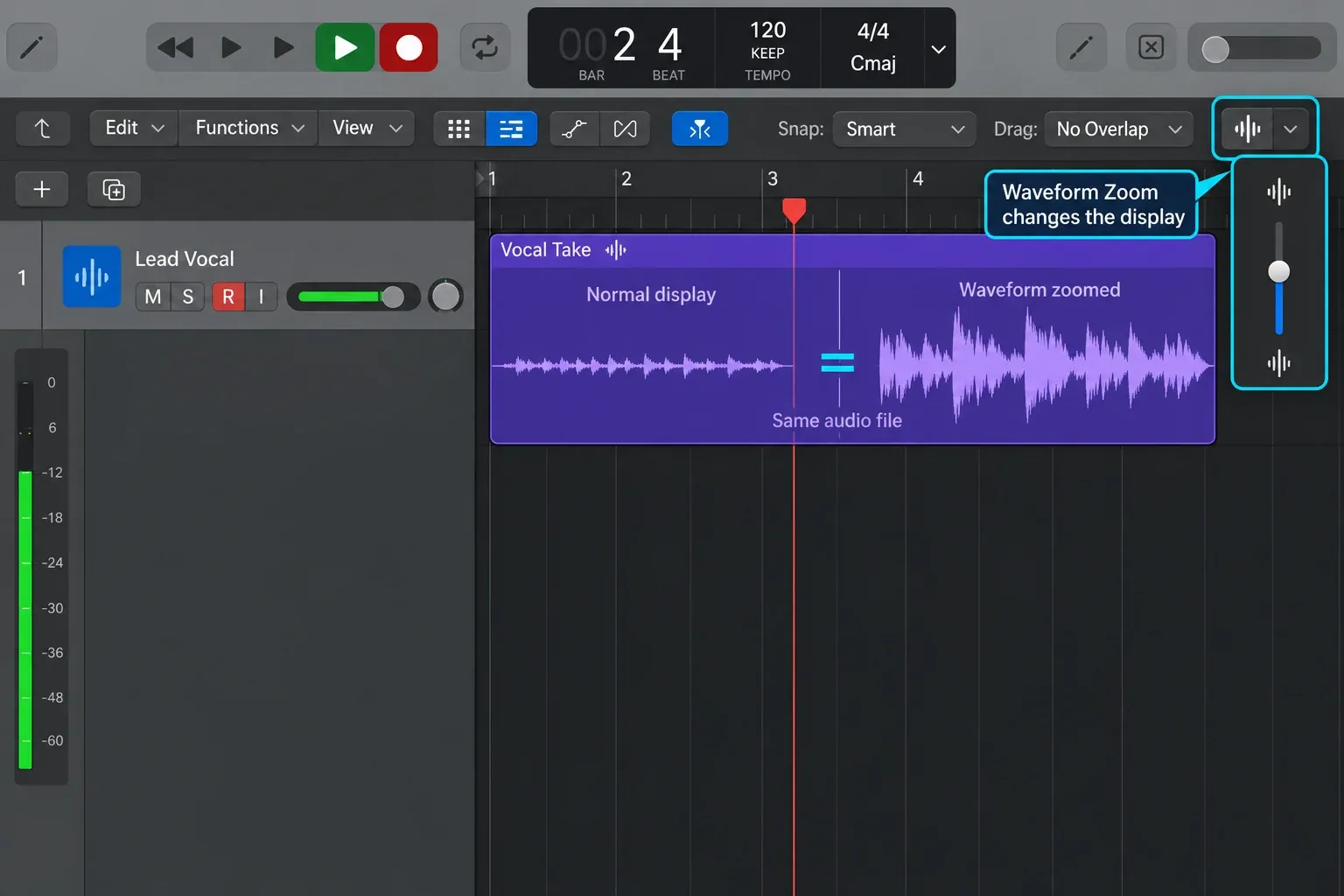 Logic Pro waveform zoom showing the same audio file at normal and enlarged display sizes