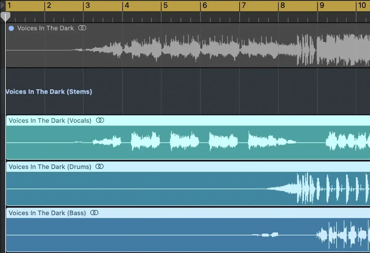 Original audio above the Logic Pro summing stack of extracted stems