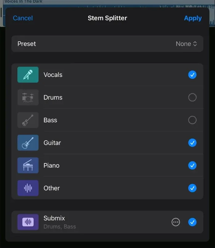 Logic Pro for iPad Stem Splitter custom selection and submix controls